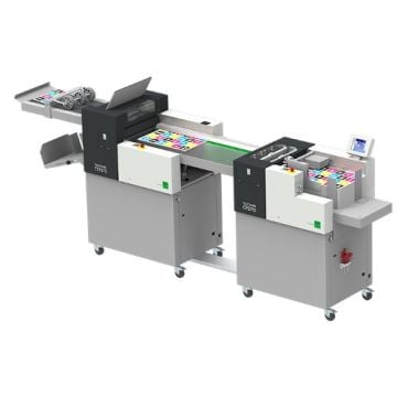 Multigraf Touchline CP375 DUO/TCF375 Xpro Creasing Machine shown as a compact, wheeled industrial unit with integrated creasing, perforating, and folding components, featuring vibrant printed sheets on its conveyor system.