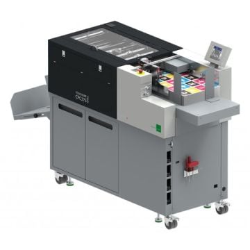 A Multigraf Touchline CPC375 Xpro Slitter/Creaser machine with a sleek design, featuring color processing trays, a control screen, and multiple output compartments on a wheeled base.