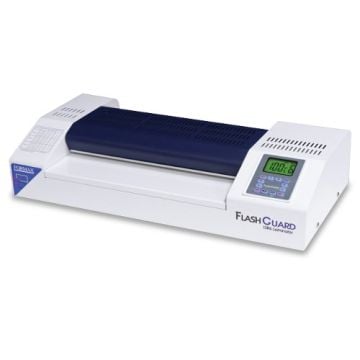The Formax FlashGuard 13R6 13" Heavy-Duty 6-Roller Pouch Laminator, featuring a digital display and a compact, modern design.