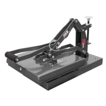 A HIX HT-400E Analog Clam Shell Press with a 15" x 15" platen, featuring a sleek black and gray design with a sturdy lever mechanism and ergonomic handle for pressing.