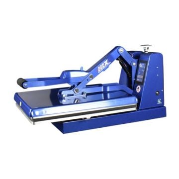 A blue HIX S-650 Auto Open 16" x 20" Platen and Splitter Stand heat press machine with a sleek design, featuring a sturdy metal frame and an automatic opening mechanism.