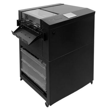 MBM AeroCut Nano Max Business Card Cutter machine shown in sleek black with input and output trays for efficient card cutting.