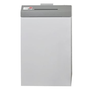 Front view of the Intimus OmniShred Paper and Multimedia Shredder with Automatic Oiler, featuring a sleek gray design.