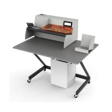 The Martin Yale Postmark PM-3068 Milling Letter Opener displayed on a rolling workstation, designed for fast and precise envelope opening in high-volume settings.