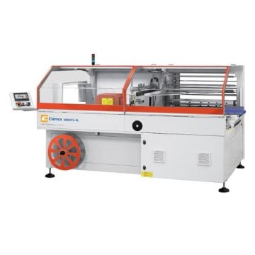 The Clamco 6800CS-XL Side Sealer and Accessories is a compact, automated packaging machine featuring a transparent orange and white enclosure, a control panel, and a large red drive wheel.
