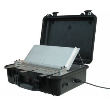 A rugged black case housing the Standard Energy PDM16 13" Portable Desktop Magnetizer (16 PPI, 60 lbs per Sq Ft), featuring an open lid with a metal magnetizing plate and visible electrical connection points.
