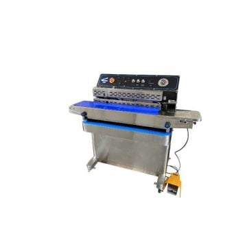 SealerSales HR-MV980ZQ Horizontal Band Sealer [Right Feed, w/ Dry Ink Coding, Air Suction] featuring a stainless steel body, a blue conveyor belt, control panel with adjustable settings, and a foot pedal for operation.