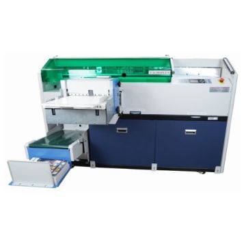 Coverbind Perfect Binder with Side Gluing, Cover Feeder and Creaser featuring a sleek design with a green-tinted protective cover, automated feeding tray, and a blue lower storage compartment.