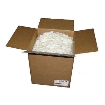 A cardboard box with open flaps, filled with white flakes of Hot Melt Padding Glue for Brackett Padmaster 2000 Automated Padding Machine, featuring a label on the side for identification.