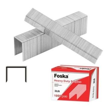 Foska Staples for Staplex Staplers, showing a box of heavy-duty 23/8 staples with two stacks of staples and a single staple close-up.