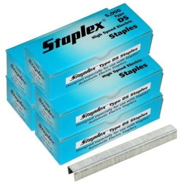 Four boxes of Staplex® Type DS 1/4" High Speed Staples with a row of staples in front.