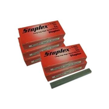 A stack of red boxes labeled Staplex® Type LL 9/32" Long Leg High Speed Staplex Staples with one strip of staples in front.