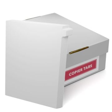 MyBinding Uncollated 1/12th Cut 90lb Plain Paper Copier Tabs in a stack with labeled storage box in the background.