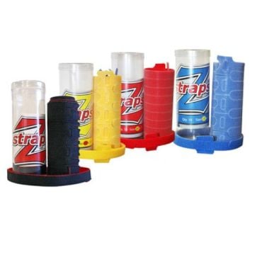 Z-Straps 1/2" x 23" Hook & Loop Vinyl Roll Straps - 10/Pack in various colors, including black, yellow, red, and blue, displayed in cylindrical containers.
