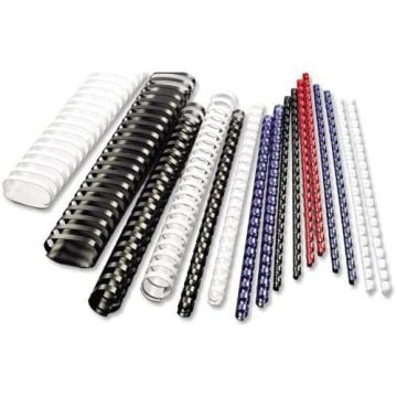 Assorted binding combs including 1-3/4" Black 15 Ring Half Size Plastic Binding Combs in various colors and sizes.