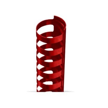 An upright stack of Red Plastic 24 Ring Legal Binding Combs with a smooth, spiral shape.