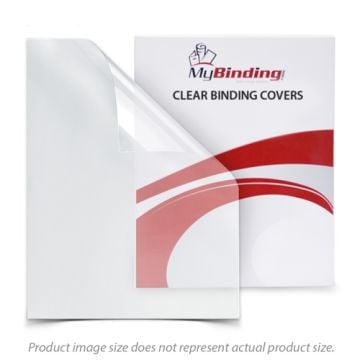 Package of 10" x 10" Clear Binding Covers - 100pk with a partially peeled back clear cover sheet, showcasing the MyBinding logo and red design elements on the box.