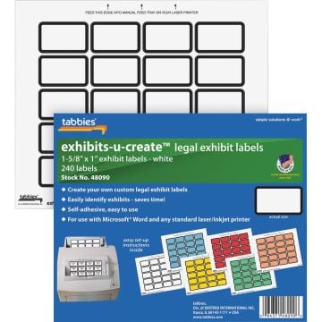 Tabbies Legal Exhibits-U-Create 1" white laser labels, measuring 1 5/8 inches in width and 1 inch in length, are arranged on a sheet with a grid layout, showcasing a total of 240 labels alongside a printer setup for easy application.