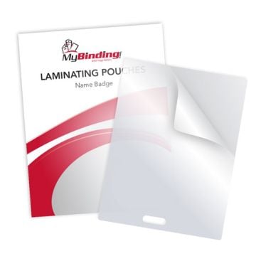 Transparent Name Badge 4" x 3" Laminating Pouches with Short Side Slot, shown with a sleek, protective design and branded packaging.