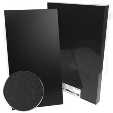 Black 11" x 17" Grain Paper Binding Covers - 100pk with a textured finish, shown in front and side view.