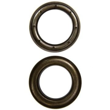 #12 (1-1/2") Gun metal grommets from a 25-pack shown in close-up, highlighting their metallic finish and circular shape.