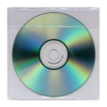 A CD inside a 5-1/8" x 5-1/8" Clear Vinyl CD DVD Holder, showcasing its protective transparent cover.