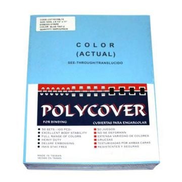 12mil Stripe Transparent Blue Poly Covers" for binding, featuring 50 sets with a see-through design and heavy-duty construction.