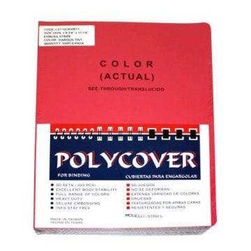 2mil Stripe Transparent Maroon Poly Covers for binding, featuring a red cover with labeling in English and Spanish.