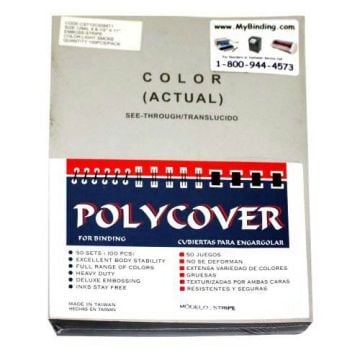 12mil Stripe Transparent Smoke Poly Covers for binding, featuring a see-through design and labeled with product details.