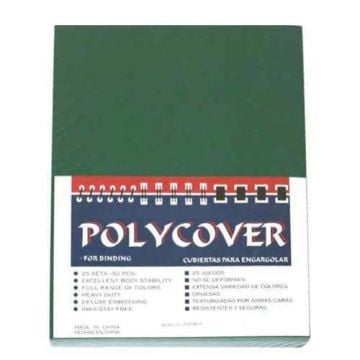 A package labeled "POLYCOVER" containing 16mil Green Leather Grain Poly Covers for binding.