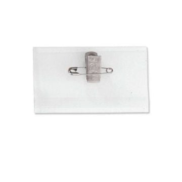 A 2-1/4" x 3-7/16" Rigid Vinyl Badge Holder with Pin Clip Combo showcases a clear vinyl enclosure with a metal pin clip attached to the back, designed for securely displaying identification cards.