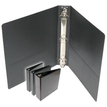 2" Standard Black Round Ring Clear View Binders, one open to show the round ring mechanism.