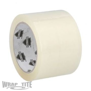 A roll of Wrap-Tite 2 Mil 72mm x 100m Clear Acrylic Carton-Sealing Tape is displayed, highlighting its transparent surface and smooth texture, with the inner core featuring the Wrap-Tite logo and product information.