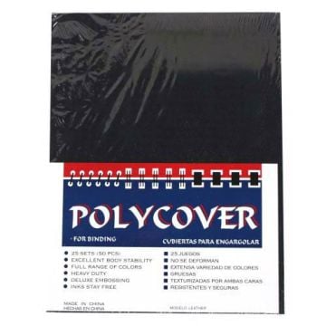 A pack of 20mil Black Leather Grain Poly 8.5" x 11" Covers used for binding, featuring a heavy-duty, textured surface with excellent body stability.
