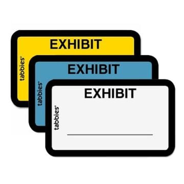 Three Tabbies color-coded legal exhibit labels, measuring 1 5/8 inches in width and 1 inch in length, feature a bold "EXHIBIT" text in yellow, blue, and white backgrounds, with a blank area for additional information.