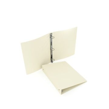  Gauge Ivory 5.5" x 8.5" Poly Round Ring Binder shown open with three metal rings inside.