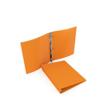 23 Gauge Orange 5.5" x 8.5" Poly Round Ring Binders, one open and one closed, showcasing the durable design.