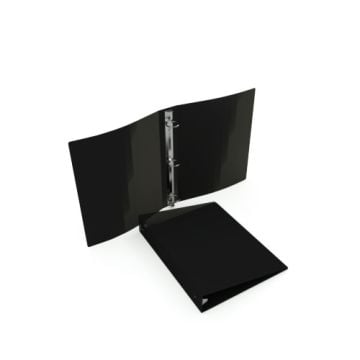 23 Gauge Black 5.5" x 8.5" Poly Round Ring Binders displayed open and closed for versatile organization.