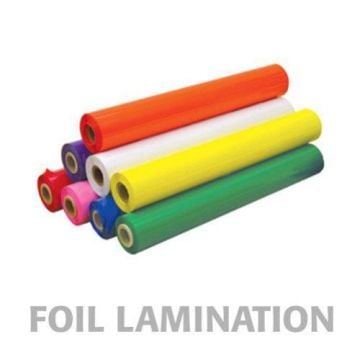 A stack of colorful 24" x 500' Pigment Laminating Foil rolls in red, orange, yellow, green, blue, and other shades, arranged on a white background.