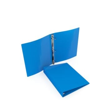 Two 35 Gauge Colonial Blue 5.5" x 8.5" Poly Round Ring Binders, one open and one closed, showcasing the durable round ring mechanism and vibrant blue color.