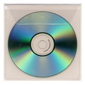 5-1/8" x 5-1/2" clear vinyl adhesive back CD holder with flap securely displaying a CD inside.