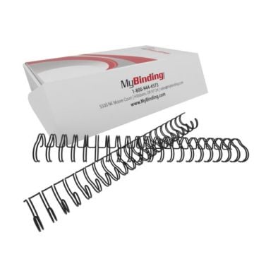 Box of 3/4" 2:1 Pitch Twin Loop Wire binding spines in black displayed in front of packaging.