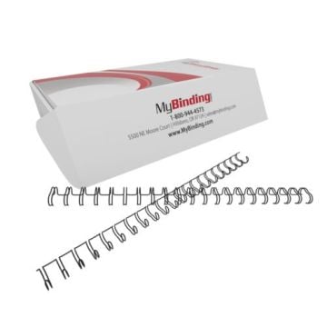 A box containing 3/8" 2:1 Pitch Twin Loop Wire binding spines, with several loose wire spines displayed in front.