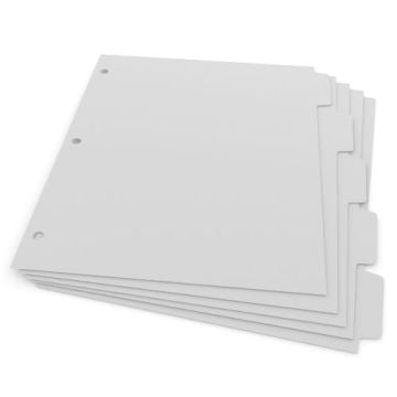 Stack of 1/5th Cut 3-Hole Punched Plain Paper Straight Collated Copier Tabs, ready for organizing documents.