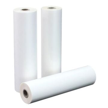Three rolls of 3 Mil PlatinumPET Gloss Low Melt Laminating Film - 1" Core, displayed upright and lying down.