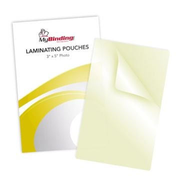 3" x 5" Photo Size Sticky Back Laminating Pouches" packaging and one of the clear pouches shown separately.