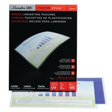 Box of GBC Swingline EZUse 3mil Letter Size Speed Thermal Pouches with 100 laminating sheets for efficient document protection."