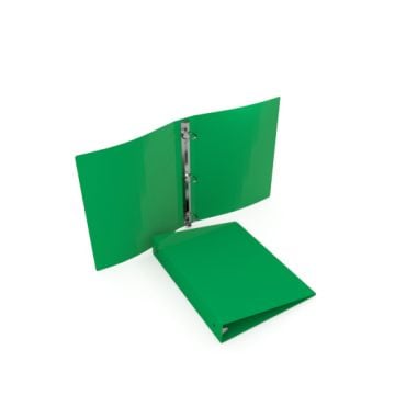 35 Gauge Emerald 5.5" x 8.5" Poly Round Ring Binders shown open with durable green covers and metal rings for organizing documents.