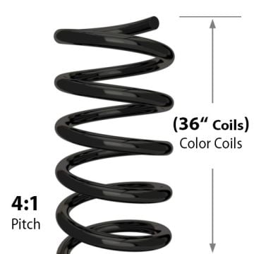 Close-up of a 36” black spiral binding color coil with a 4:1 pitch, showing its durable, sleek design.