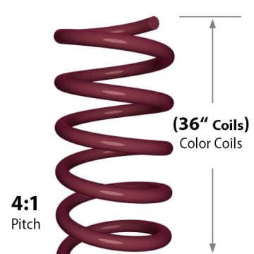 A 36" Burgundy Spiral Binding Color Coil (4:1 Pitch) with a close-up view showing the coil's structure and pitch.